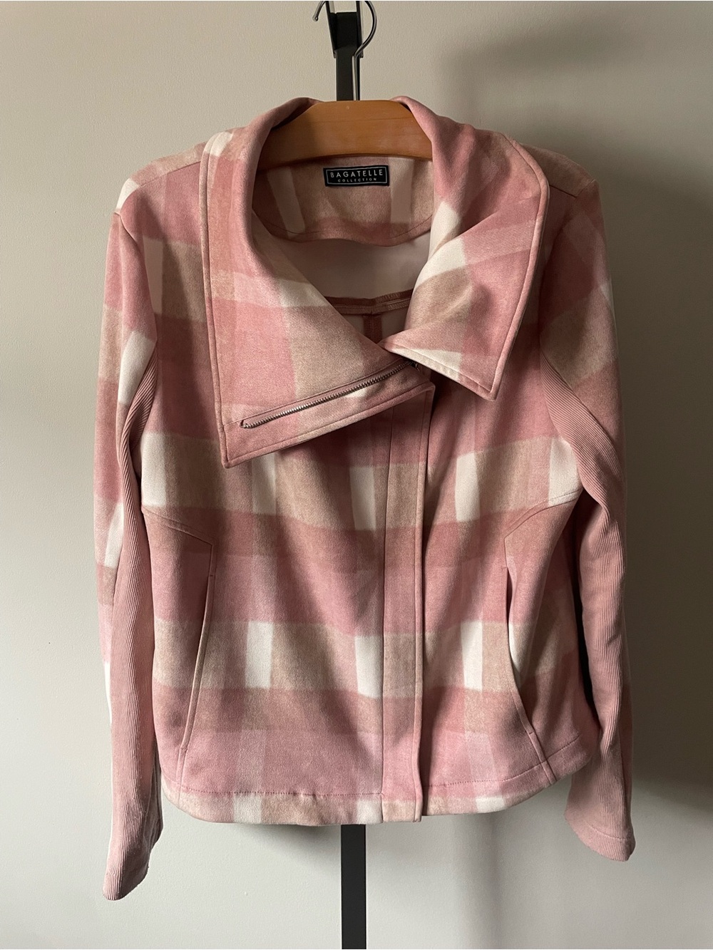 Bagatelle Buffalo Pink Plaid Moto Faux Suede Jacket Preppy Asymmetrical Zip